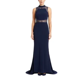 Photo of Betsy & Adam Blue Evening Gown Lace and Crepe Mock Neck Column Dress Size 10