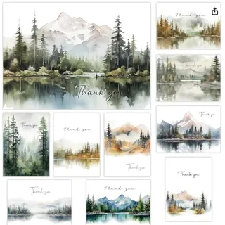 Photo of Set of 20 Thank You Cards Set with Envelopes- Watercolor Nature Forest