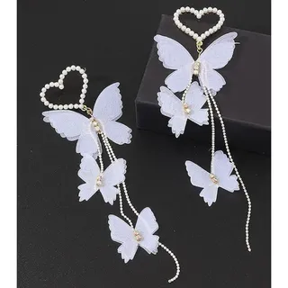 Photo of Women's White Butterfly Beaded Heart Earrings Dangle Drop Earrings- Cute Earring