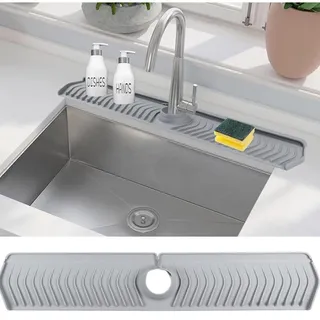 Photo of Kitchen Sink Splash Guard, Sink Faucet Mat, Handle Drip Catcher Tray- Gray