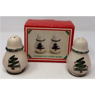 Photo of Stoneware Christmas Tree Salt & Pepper Shakers Cream Red and Green