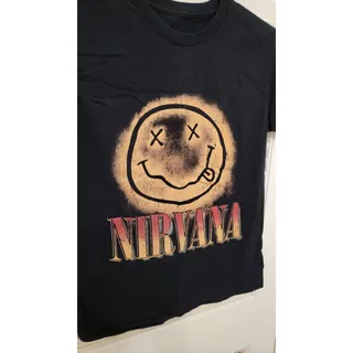 Photo of Nirvana Black T-Shirt Smiley Face and Nirvana Name Logo Size Small Rock Band