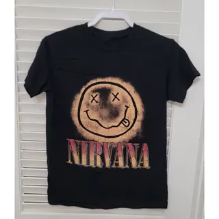 Photo of Nirvana Black T-Shirt Smiley Face and Nirvana Name Logo Size Small Rock Band