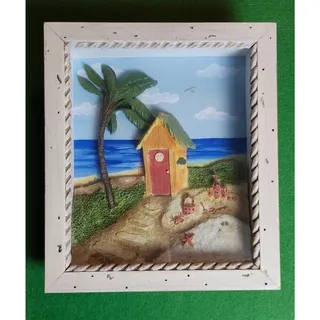 Photo of 3D Coastal Beach Hut Shadow Box Wood Rope Frame Nautical Cottage Wall Art
