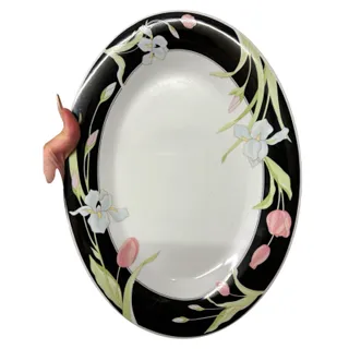 Photo of Fairfield Fine China Oval Porcelain Floral Platter Black Rim Pink White