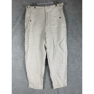 Photo of Athleta Womens 8 100% Linen Utility Pants Beige Tan Cargo Adjustable Waist