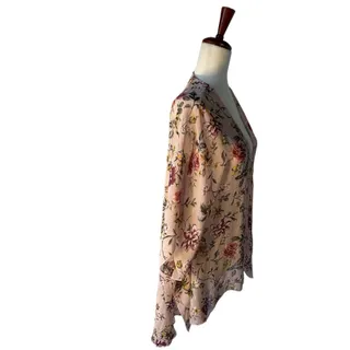Photo of Pink Floral Sheer Chiffon Kimono Cardigan V-Neck 3/4 Sleeve Ruffle One Size