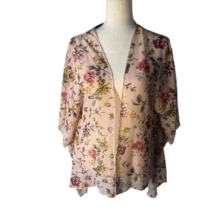 Photo of Pink Floral Sheer Chiffon Kimono Cardigan V-Neck 3/4 Sleeve Ruffle One Size