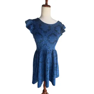 Photo of Xhilaration Women’s XS Blue Black Floral Lace Fit & Flare Scoop Open Back Zip