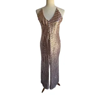 Photo of Women’s L Gold Sequin Geometric Backless V-Neck Strappy Long Gown Dress