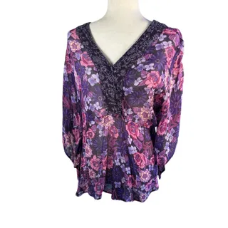 Photo of Millenium Purple Pink Floral Sheer Chiffon V-Neck 3/4 Sleeve Rayon Blouse 18