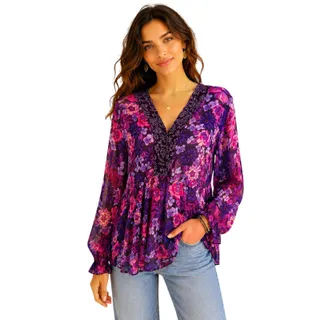 Photo of Millenium Purple Pink Floral Sheer Chiffon V-Neck 3/4 Sleeve Rayon Blouse 18