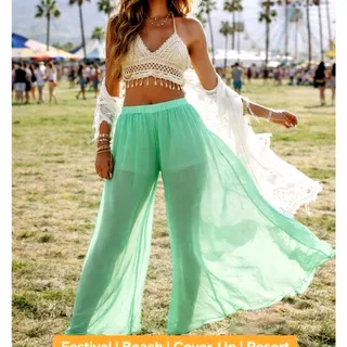 Photo of Mint Green Sheer Wide Leg Festival Pants Elastic Waist L I Dream Of Jeannie Pant