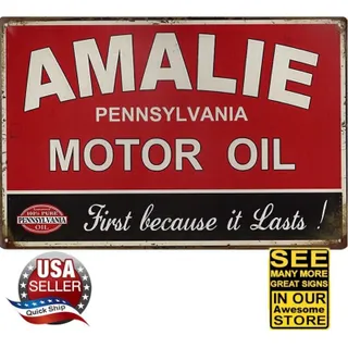 Photo of Metal Tin Petroliana Sign •Amalie Pure Pennsylvania Motor Oil •Because It Lasts