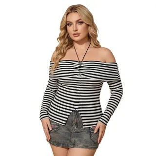 Photo of SweatyRocks Womens Sz Large Off Shoulder Top Black White Striped Long Sleeve