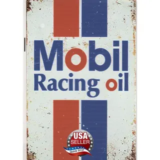 Photo of Retro Distressed Tin Sign • Petroliana • Mobil Racing Oil • Red, White, & Blue