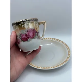 Photo of Vintage Lusterware Rose Teacup and Saucer, Zwickau Porcelain Factory Germany