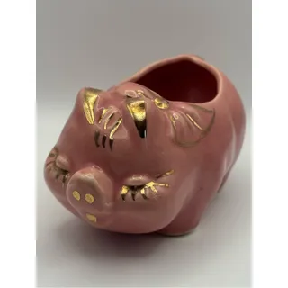 Photo of Vintage MCM Kitsch Pastel Pink Piggy Planter Hand-Painted with Gold Trim