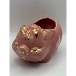 Photo of Vintage MCM Kitsch Pastel Pink Piggy Planter Hand-Painted with Gold Trim