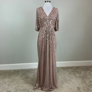 Photo of Mac Duggal 93583 Rose Pink Evening Gown Sequined Cape Sleeve Column Dress Size 8