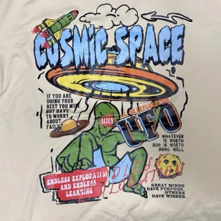 Photo of ROMWE Mens EUC XL Graphic Tee Off White Cosmic Space UFO Alien Streetwear Y2K