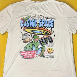 Photo of ROMWE Mens EUC XL Graphic Tee Off White Cosmic Space UFO Alien Streetwear Y2K