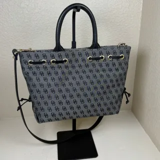 Photo of EUC Dooney Bourke small tulip tassel tote gray and black monogram with COA