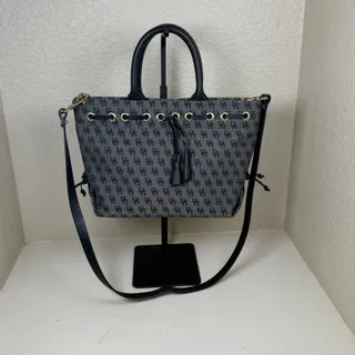 Photo of EUC Dooney Bourke small tulip tassel tote gray and black monogram with COA