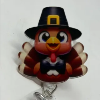 Photo of Thanksgiving Turkey with Pilgrim Hat Retractable Work ID Holder Alligator Clip