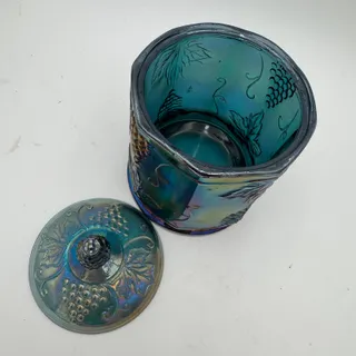 Photo of Vtg Carnival Glass Harvest Carnival Blue Small Canister and Lid 7" Cookie Jar