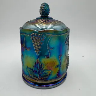 Photo of Vtg Carnival Glass Harvest Carnival Blue Small Canister and Lid 7" Cookie Jar