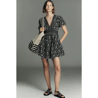 Photo of New Anthropologie Maeve Cotton Lace V-Neck Mini Dress $228 MP MEDIUM PETITE B&W