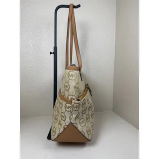 Photo of Michael Kors Kempton Medium Tote beige monogram & camel leather trim EUC COA