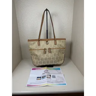 Photo of Michael Kors Kempton Medium Tote beige monogram & camel leather trim EUC COA