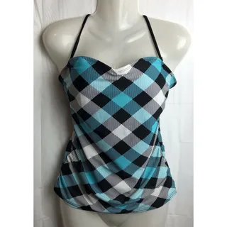 Photo of Hobie Tankini Top Women S Blue Plaid Halter Ruched Sides Padded Swim Stretch Top