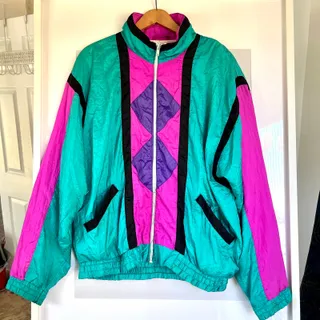 Photo of Vintage Active Exposure Windbreaker Jacket Large 90s Teal Pink Purple Colorblock Retro Nylon