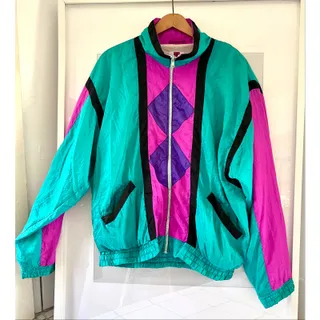Photo of Vintage Active Exposure Windbreaker Jacket Large 90s Teal Pink Purple Colorblock Retro Nylon