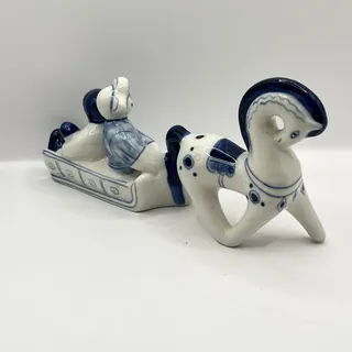 Photo of GZHEL USSR Russia Porcelain Figurine HORSE TROIKA Sled Blue White MAN WOMAN BABY
