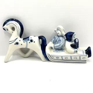 Photo of GZHEL USSR Russia Porcelain Figurine HORSE TROIKA Sled Blue White MAN WOMAN BABY