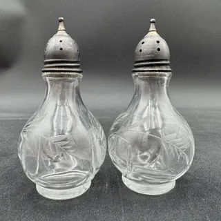 Photo of Antique Period Salt Pepper Shakers Sterling Silver Etched Glass