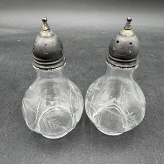 Photo of Antique Period Salt Pepper Shakers Sterling Silver Etched Glass