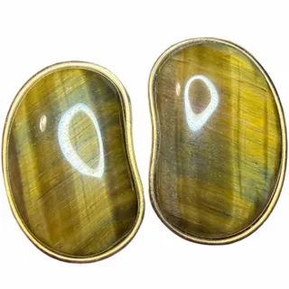 Photo of Gold-toned Earrings Featuring Oval-shaped Tiger's Eye Cabochons Clip On Vintage