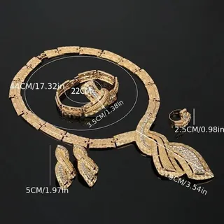 Photo of Traditional Rhinestone Bridal Set • Earrings-Necklace-Bracelet-Ring • Gold Tone