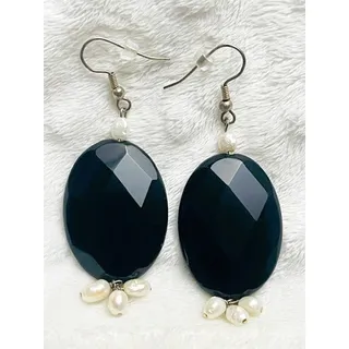 Photo of Vintage Sterling Silver Black Onyx Faceted Oval Earrings, Freshwater Pearls