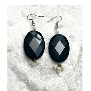 Photo of Vintage Sterling Silver Black Onyx Faceted Oval Earrings, Freshwater Pearls