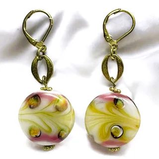 Photo of Vintage Murano Glass Bead Dangle Earrings, Swirl Design. Pink & Yellow Accents
