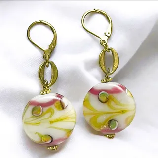 Photo of Vintage Murano Glass Bead Dangle Earrings, Swirl Design. Pink & Yellow Accents