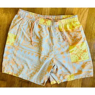 Photo of OBEY Mens L Swim Trunks Nylon Geometric Mosaic Print Orange Blue Board Shorts