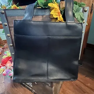 Photo of Black Leather Handbag Purse silver tone handle embellishments
