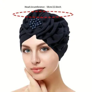 Photo of Beige Elegant Embossed Flower Turban Hat Head Wrap Chemo Cap
